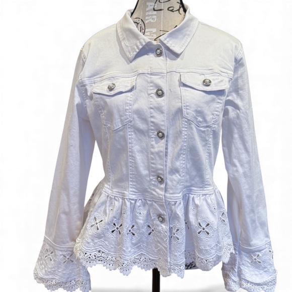 Onado Jackets & Blazers - ONADO Paris White Denim Jacket with Lace Peplum & Sequins – Size L / 40